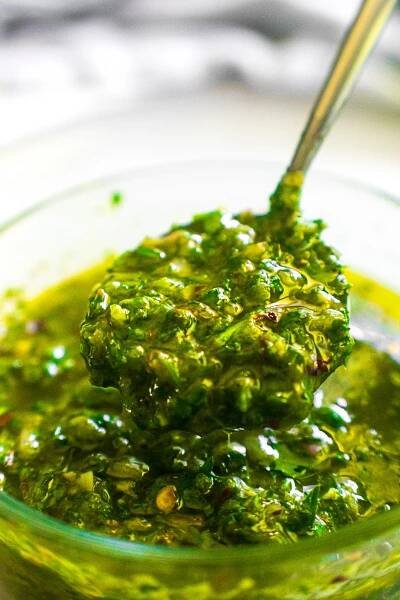 Fresh Chimichurri (keto) on spoon.