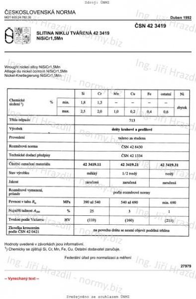 ČSN 42 3419 (423419) - Slitina niklu tvářená 42 3419 NiSiCr1,5Mn - duben 1992 - Technické normy - Ing. Jiří Hrazdil