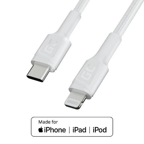 Green Cell kabel Apple MFi Certified PowerStream USB-C Apple iPhone Green Cell  – Lightning s rychlým nabíjením Power Delivery, délka 1m, bilý