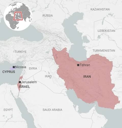 A map of the Middle East, highlighting Iran, Israel and Cyprus