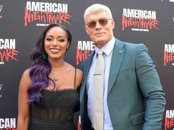 Brandi Rhodes and Cody Rhodes arrive on the red carpet for the premiere of the Peacock original WWE documentary "American Nightmare: Becoming Cody Rhodes"