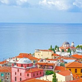 Colorful Houses Of Panagia, The Old Town At Kavala, A Small City In Northeastern Greece Pictured Against The Backdrop Of The Blue Mediterranean Sea