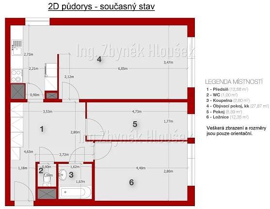 Orientační půdorys - Prodej bytu 3+kk, Praha 4 - Chodov, ul. Donovalská