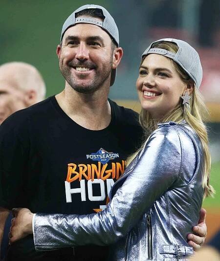 Justin Verlander #35 of the Houston Astros and Kate Upton celebrate the 6-1 win over the Tampa Bay Rayst in game five of the American League Division Series at Minute Maid Park on October 10, 2019 in Houston, Texas