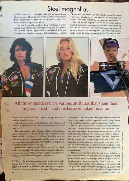 Article in August 1996 issue of Fair Lady featuring Lee-Anne Liebenberg as a gladiator contender representing South Africa
