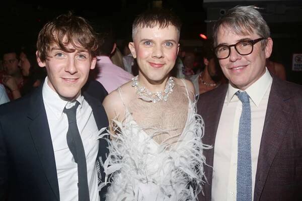 James Wilkie Broderick, Cole Escola and Matthew Broderick pose at the opening night after party for "Oh, Mary" on Broadway at The Eagle on July 11, 2024 in New York City