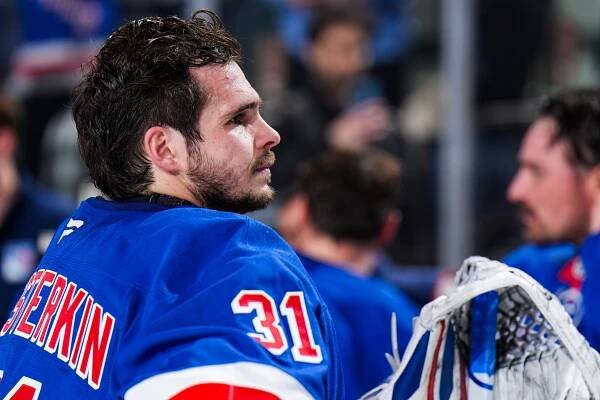 Igor Shesterkin #31 of the New York Rangers looks on following a 4-0 win against the Tampa Bay Lightning at Madison Square Garden on April 17, 2025.