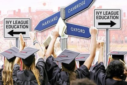 custom image of graduating students in front of faded harvard background with ivy league street signs.