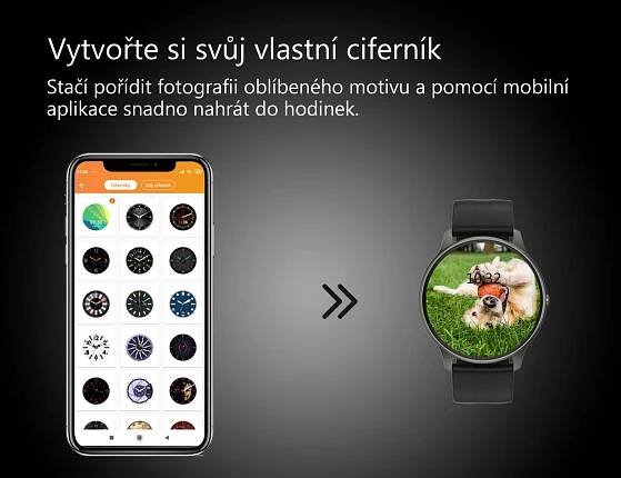 Chytré hodinky v češtině, PW-103, Bluetooth 5.0, elegantní smart watch s krokoměrem, oxymetrem, měřením tepu, tlaku, černé s černým páskem