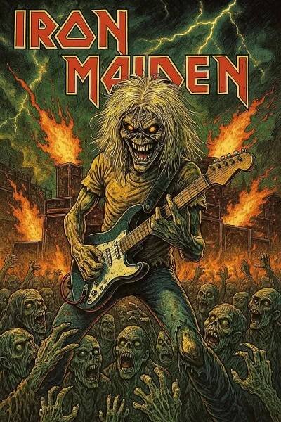 iron maiden poster with an electric guitar