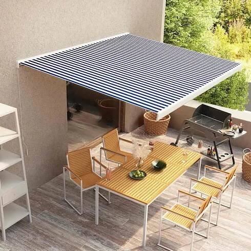 Greatstore Kazetová markýza na ruční ovládání 350 x 250 cm modro-bílá
