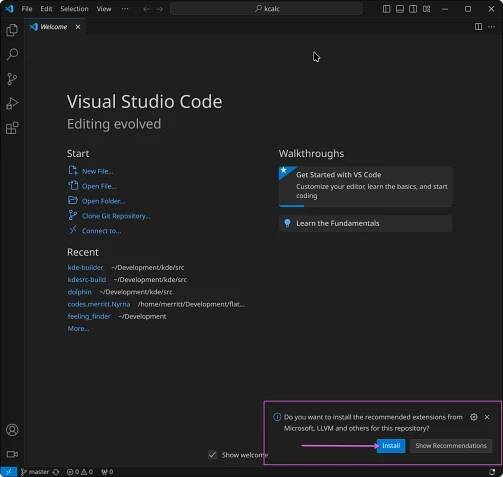 Screenshot of the prompt to install recommended extensions