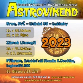 Termíny Astrovíkendu 2023: Brno 15.–16. dubna a 21.–22. října, Litomyšl 20.–21. května a 4.�–5. listopadu, Příbram 25. března a 23. září