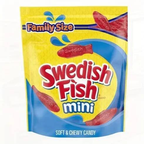   mini soft   candy family size bulk pack 1 8 lb bag red fish shaped candies with yellow background design candy to eat
