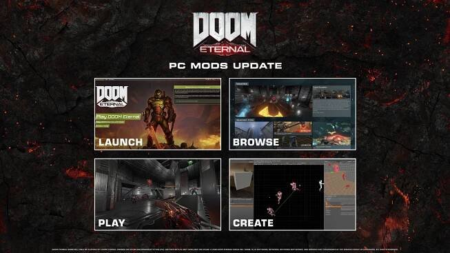 Image of DOOM Eternal PC Mods Updates showing four squares: Launch, Browse, Play, and Create.