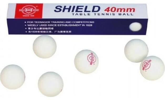 Míčky na stolní tenis ping pong Shield bílé set 6ks 4cm krabička