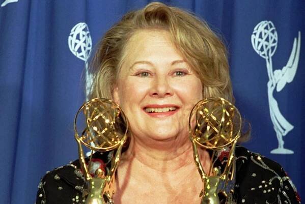 Shirley Knight holds two Emmy awards she won at the 1995 Emmy Awards at the Pasadena Civic Auditorium in Pasadena, Calif.