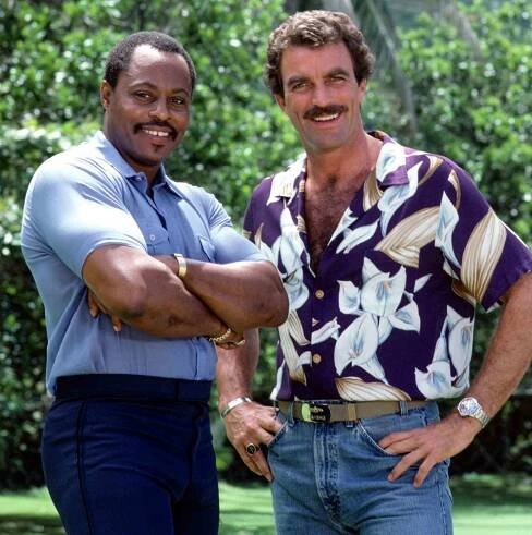 HONOLULU - JANUARY 1: Pictured from left is Roger E. Mosley (as Theodore 'TC' Calvin), Tom Selleck (as Magnum) in the CBS television series, MAGNUM PI. (Photo by CBS via Getty Images)