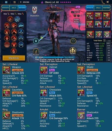 Raid Shadow Legends Oboro Artifacts and Stats Reference
