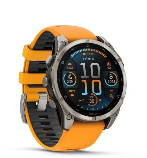 Garmin fenix 8 - 47 mm, AMOLED Sapphire, Titanium, Carbon grey DLC titanium, Orange/Graphite silikonový řemínek 010-02904