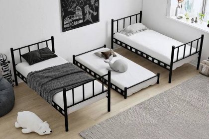 Kovová patrová postel s výsuvným lůžkem, černá, 90x190, ARGIMO