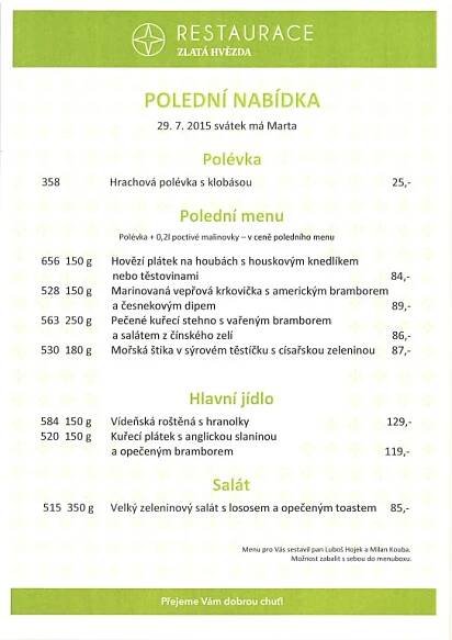 Polední menu restaurací na středu 29. července