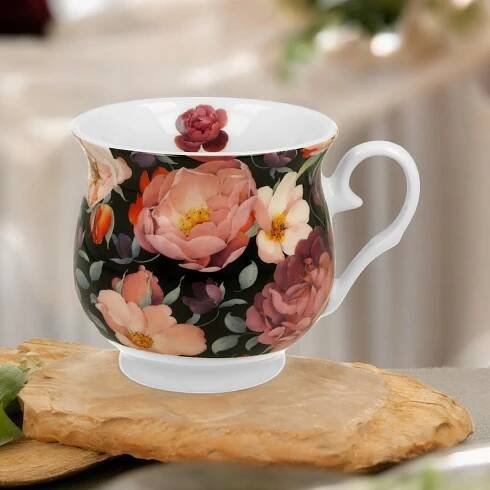 Porcelánový hrníček porcelánový retro SPRING ROSES BLACK Objem 500 ml