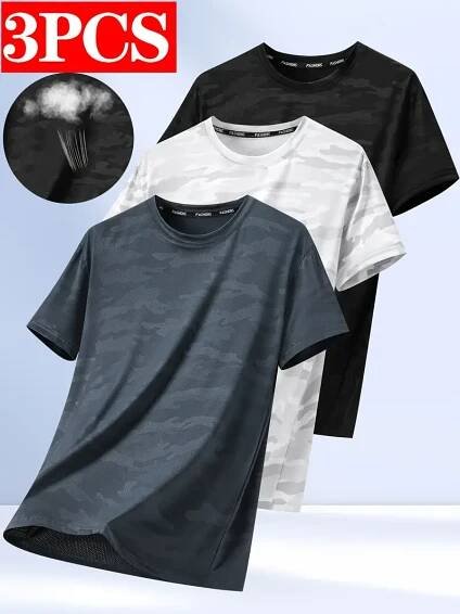 3pcs mens casual sports t shirts breathable fashion print tees summer quick dry high stretch gym shirts outdoor round neck short sleeve   for fitness running casual attire perfect   clothing geometric pattern stretchy material durable construction workout shirt activewear top   pack of 3 black white dark gray 0