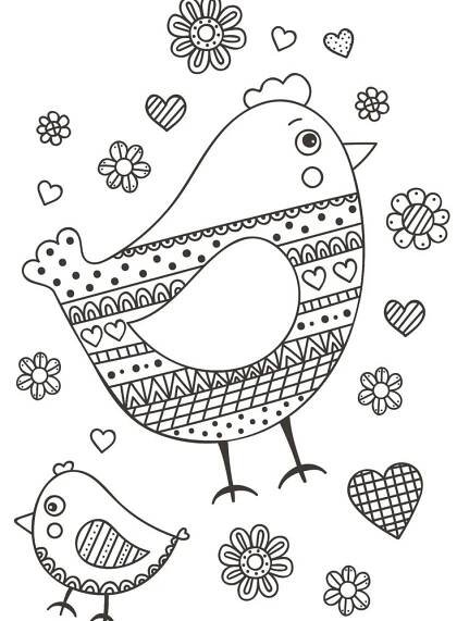 a black and white drawing of two birds with hearts on their wings, one is holding the
