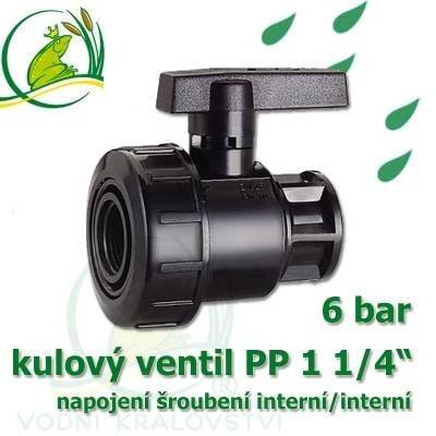 kulový ventil PP 1 1/4, 6 bar, jednostranně rozpojitelný, napojení oboustranné vnitřní šroubení 1 1/4