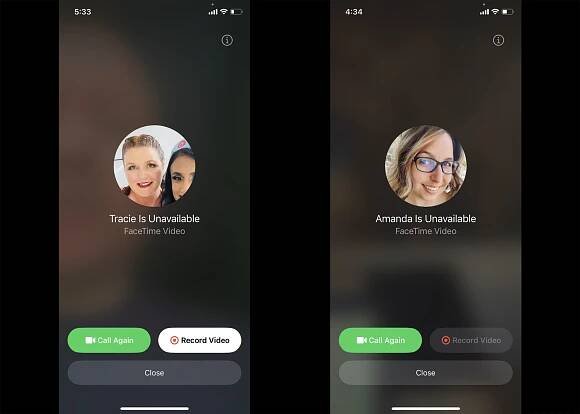 Two images of a FaceTime video call with one Record Video option enabled and one disabled.
