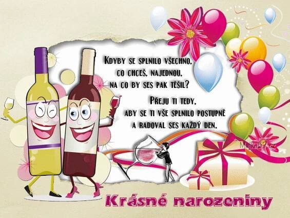 Happy Birthday Card with Wine Bottles and Balloons