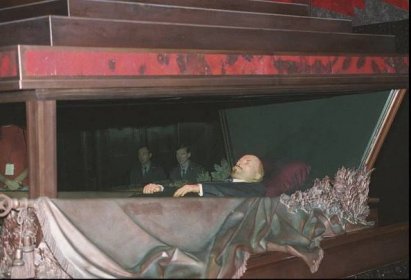 The embalmed corpse of Vladimir Lenin, the founder of the Soviet Union, lies behind glass in his mausoleum on Red Square outside the Kremlin wall in Moscow, Russia, in this photo taken on Nov. 30, 1994.  (AP Photo, File)