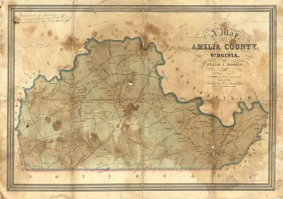 Stained map of Amelia County in the mid-nineteenth century