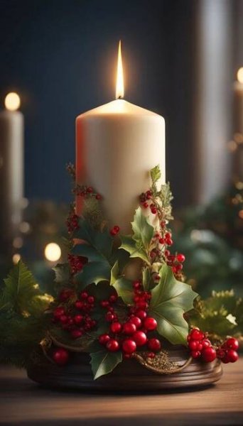a lit candle surrounded by holly and berries
