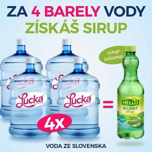 Lucka 18,9l + HELLO sirup za 1 Kč při odběru 4 ks - přírodní pramenitá voda ze Slovenska - rozvoz MORAVA