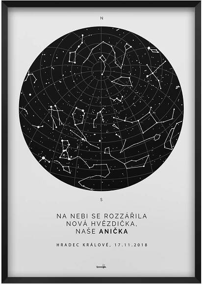 Svítící hvězdná mapa vašeho životního okamžiku - Skandi styl bílé pozadí - Spaceglo.cz