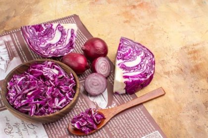 Top View Fresh Red Onions Bowl Chopped Red Cabbage Vegetable Salad Wooden Background With Copy Place