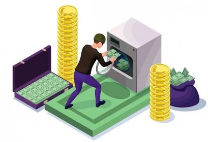 trestné praní bankovek ve stroji, ikona praní špinavých peněz s banditou, koncept finančního podvodu, izometrické 3d vektorové ilustrace - praní špinavých peněz stock ilustrace
