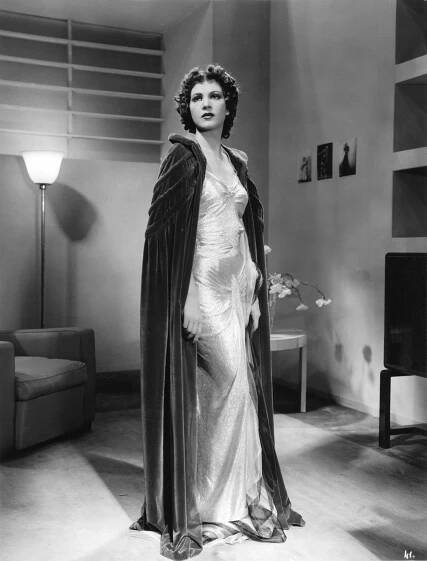 a photo of a woman in a long shimmering ball gown and cloak inside an apartment 