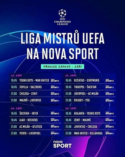 Rozpis zářijových utkání Ligy mistrů ve vysílání Nova Sport, zdroj: TV Nova