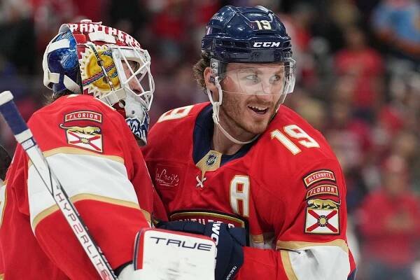 Matthew Tkachuk (19) smiles after a hug with Florida Panthers goaltender Sergei Bobrovsky (72) following the game four of the Stanley Cup PlayoffsÂ 2nd Round between the Toronto Maple Leafs and the Florida Panthers on Sunday, May 11, 2025