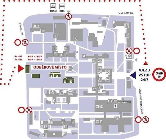 Testovací místo pacientů s podezřením na infekci COVID-19, kterou způsobuje nový typ koronaviru, v Ústřední vojenské nemocnici ve Střešovicích.