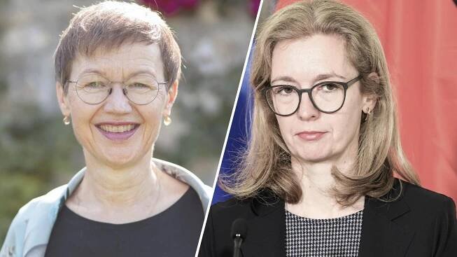 Porträt der Regierungschefin von Liechtenstein Brigitte Haas (Vaterländische Union) links. Rechts ein Porträt ihrer Stellvertreterin Sabine Monauni (FBP). Dazwischen eine weiße Linie.