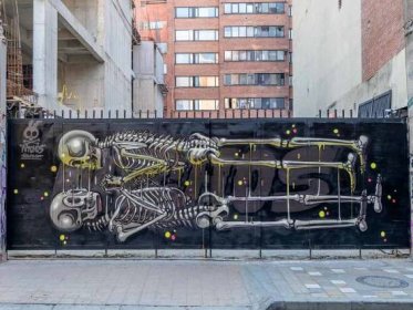 Bogota street art skeleton mural by Nychos. two horizontal skeletons in black and yellow