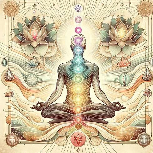 DALL·E 2023-11-16 10.15.00 - Create an image in a cream-colored background with an intricate illustration style, focusing on the theme of energetic healing. The central figure is