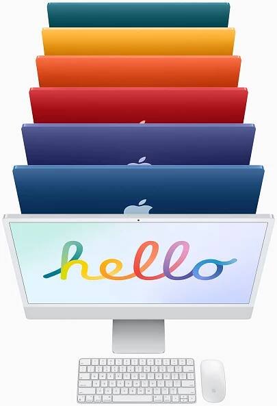 Silver iMac with color-matched Magic Keyboard and Magic Mouse, followed by iMac in six colors.