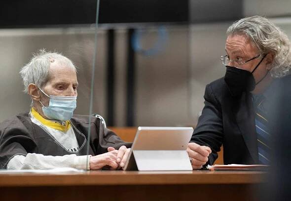 Robert Durst is seen seated next to defense attorney David Chesnoff during his sentencing hearing at the Airport Courthouse in Los Angeles on October 14, 2021.