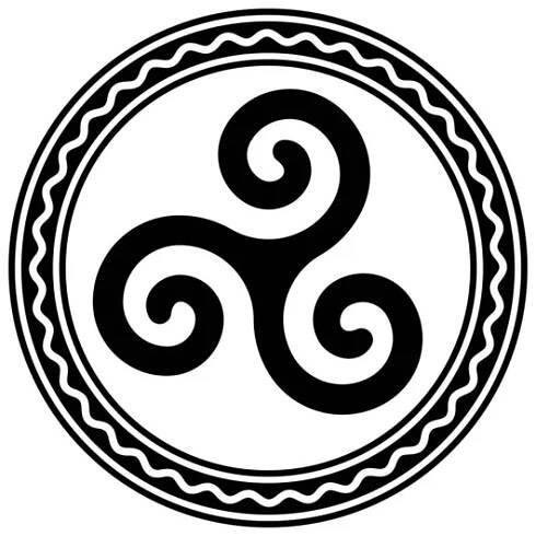 Triskele uvnitř kruhového rámu s bílou vlnitou čárou. Triskelion, prastarý symbol a motiv tvořený trojitou spirálou, vykazující rotační symetrii. Izolovaná ilustrace přes bílou. Vektor. — Ilustrace