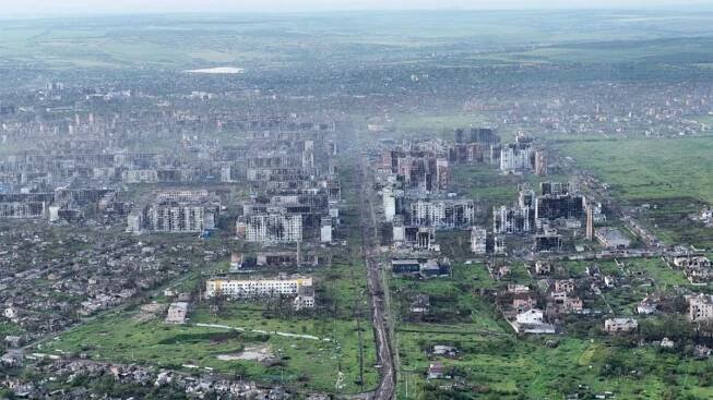 Aerial view of festroyed Bakhmut Donetsk Donbas